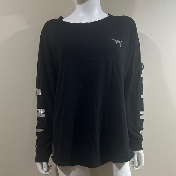 Large Victoria Secret Pink” Woman’s Black Long Sleeve W/ Silver Sequin Lettering - Picture 4 of 7